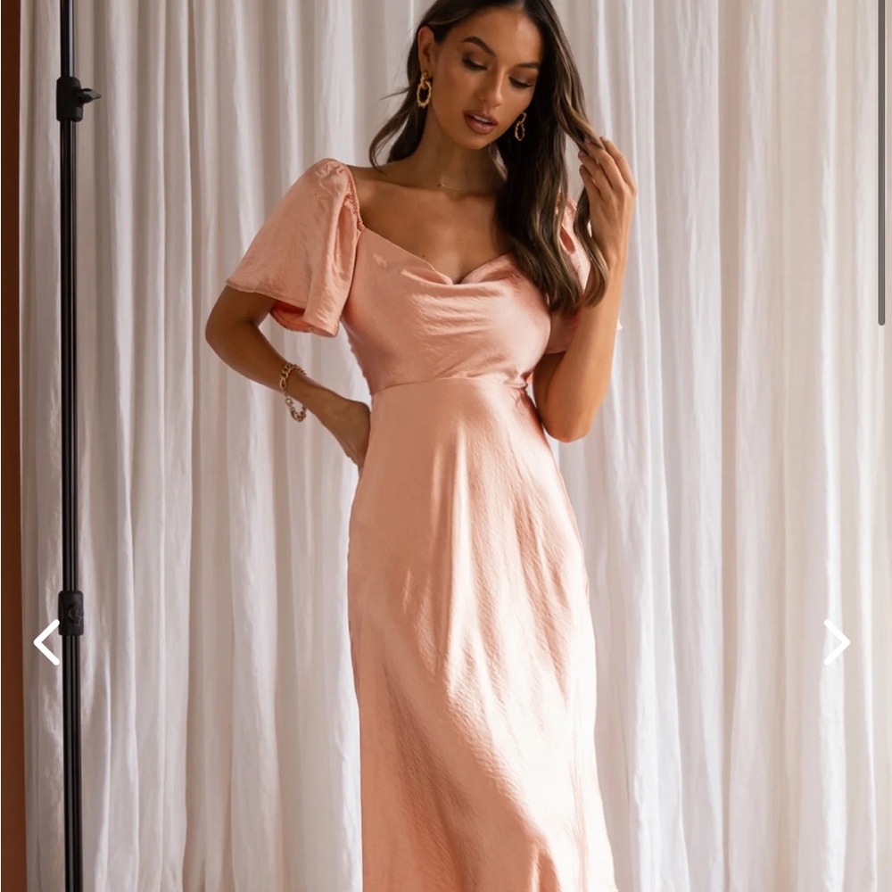 GRAYSON TIED BACK ASYMMETRICAL MIDI DRESS PEACH